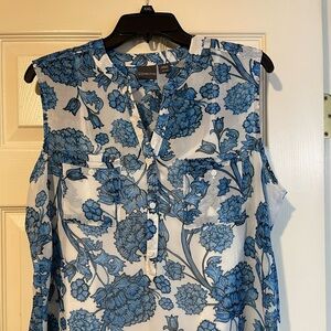 Covington Blue Floral Sleeveless Blouse, attached white shell underneath.